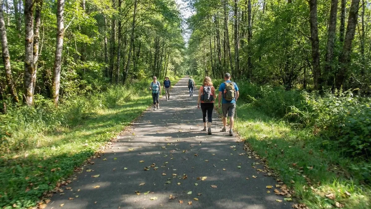 The image showcases a group of people walking along a paved path through a lush, green forest. The path is well-maintained and lined with trees, creating a scenic and inviting environment. The presence of people suggests the location is a popular recreational area within a community, ideal for hiking, walking, or enjoying nature.