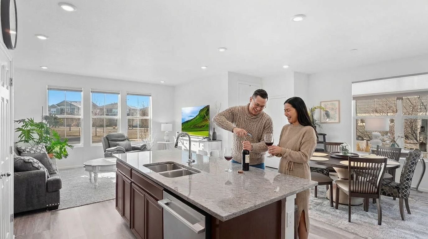 This bright and airy kitchen features a large island with a sink, offering ample counter space for meal preparation and entertaining. The overall style is modern and open, with light-colored granite countertops and wood cabinetry. The open-concept design seamlessly connects the kitchen to the adjacent living and dining areas, making it ideal for social gatherings.