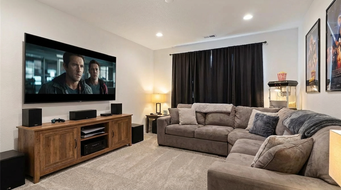 This is a cozy home theater setup, featuring a large screen television mounted above a wooden media console with speakers. A comfortable sectional sofa faces the screen. The room is carpeted and has dark curtains, creating a perfect environment for movie watching, complemented by a popcorn machine.