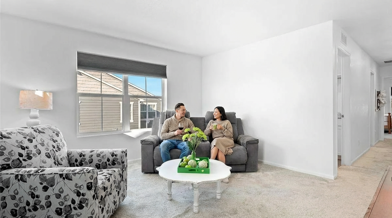 This is a bright and inviting living room. It features a comfortable gray sofa, a patterned armchair, and a white coffee table with decorative fruit. Natural light flows in through a window with gray blinds, creating a warm and welcoming atmosphere.