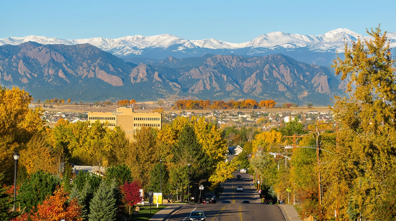 This stunning aerial view showcases a vibrant neighborhood nestled against a backdrop of majestic mountains. Golden autumn foliage surrounds well-maintained homes and buildings, creating a warm and inviting atmosphere. A prominent road leads through the heart of the community, suggesting convenient access to amenities and services.