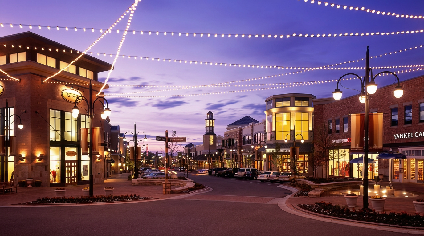 This image depicts a beautifully illuminated outdoor shopping center at dusk. String lights overhead create a festive atmosphere, while well-maintained landscaping and attractive architecture enhance the appeal. The scene suggests a vibrant and welcoming community environment, which could attract potential residents and shoppers.