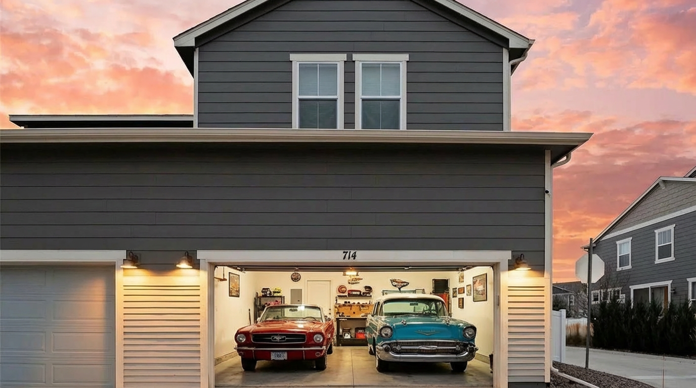 This image showcases a two-story home with a spacious garage featuring two classic cars, a red Ford Mustang and a turquoise Chevrolet Bel Air, parked inside. The exterior is characterized by horizontal gray siding, a well-maintained facade, and appealing lighting, creating an inviting atmosphere. The garage door on the left is white and closed.