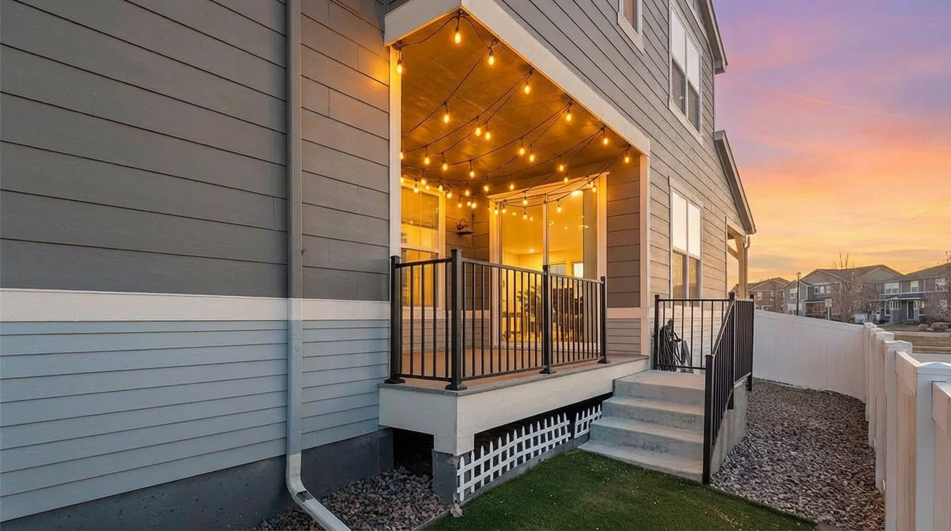The image showcases an inviting outdoor patio area featuring string lights overhead, casting a warm glow. Black railings enclose the space, leading to steps down to a well-maintained lawn and a white picket fence. The backdrop displays the warm colors of a sunset, enhancing the overall appeal of this outdoor living space.