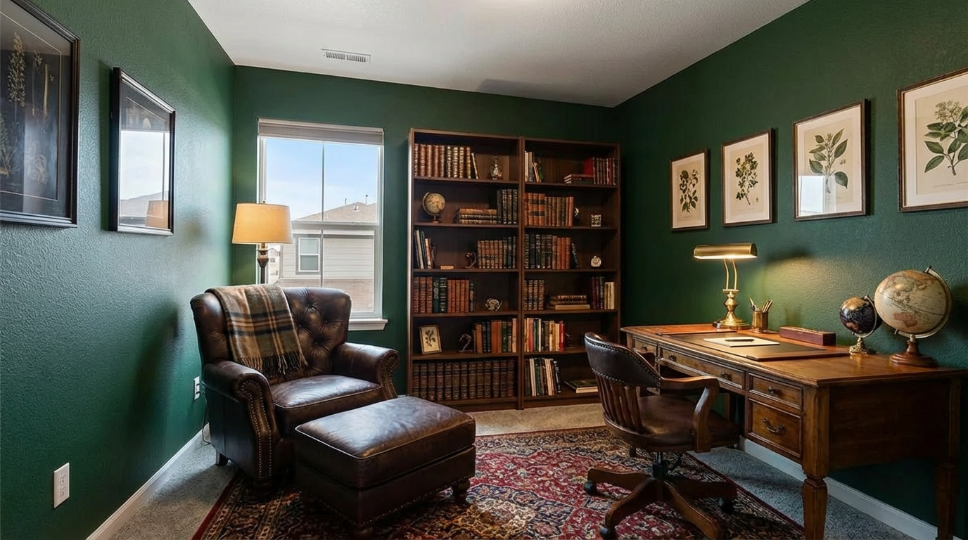 This is a well-appointed home office featuring dark green walls, a wooden desk, and a leather chair with an ottoman. A large bookcase filled with books adds to the room's sophisticated and cozy atmosphere. Botanical prints and globes accent the room, creating an inviting and professional space.