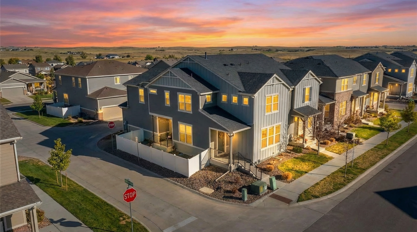 This is an aerial view of a modern residential neighborhood at dusk, showcasing several two-story houses with a gray and white color scheme. Key features include well-maintained lawns, sidewalks, and a street corner with a stop sign. The image suggests a planned community in a suburban setting.