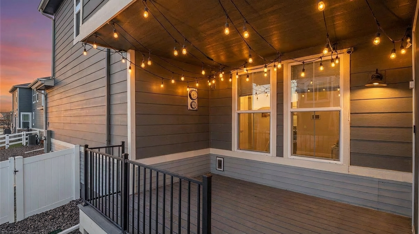 This image showcases an inviting outdoor patio/deck area. The space features warm lighting from string lights overhead and a modern railing system that adds a touch of elegance. The wooden deck floor and the exterior walls provide a cozy, private setting perfect for relaxation or entertaining.