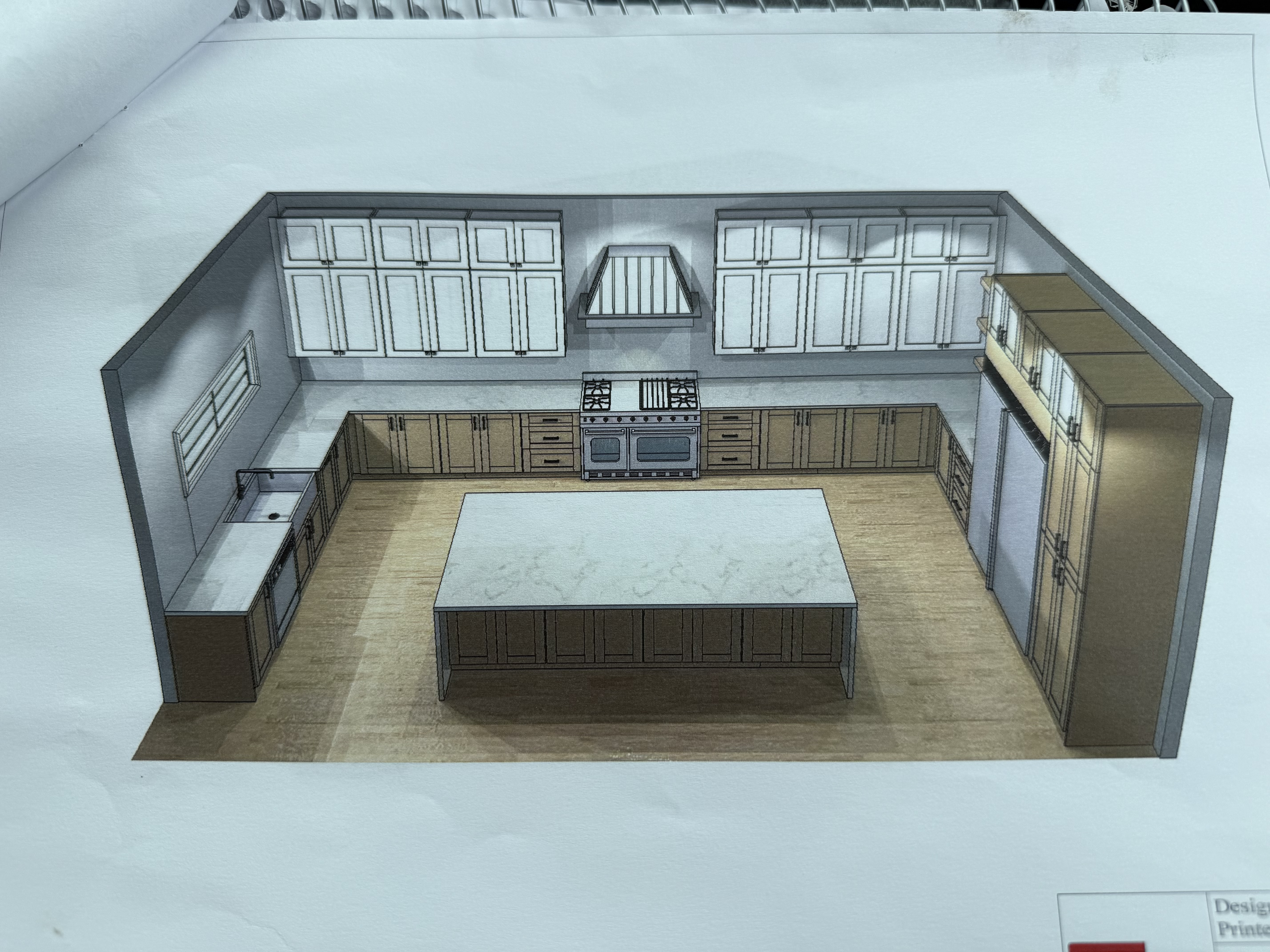 This image presents a 3D architectural rendering of a spacious, well-designed kitchen featuring a functional U-shaped layout with a large central island. The kitchen includes two-toned cabinetry with white uppers and wood-toned lower cabinets, complemented by light-colored countertops and stainless steel appliances. The design emphasizes symmetry, with generous workspace and overhead storage, creating an inviting and modern atmosphere suitable for a family home.