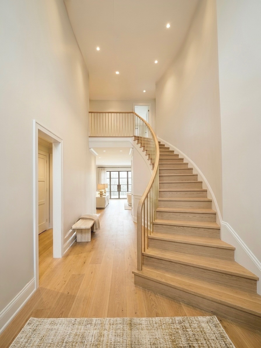 This elegant grand foyer features a stunning curved wooden staircase with delicate spindles, serving as the architectural centerpiece of the home. The light-toned hardwood flooring and neutral color palette create a bright, airy, and sophisticated atmosphere. A minimalist bench and soft area rug in the foreground enhance the welcoming and luxurious feel of this high-ceilinged entry space.