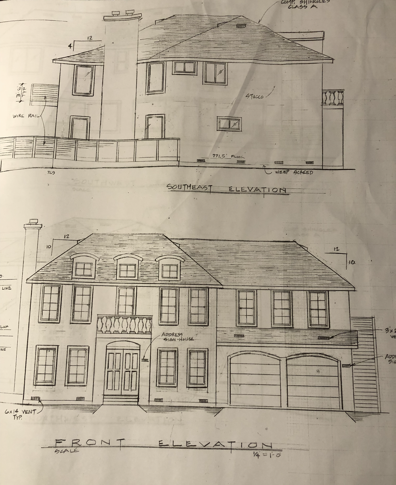This image features architectural elevation drawings of a two-story home, displaying both the front and southeast elevations. The design includes a mix of stucco finishing, a tiled roof with dormer windows, and a traditional, symmetrical aesthetic with integrated garages and a front balcony. These blueprints provide a clear technical representation of the home's exterior structure and layout details.