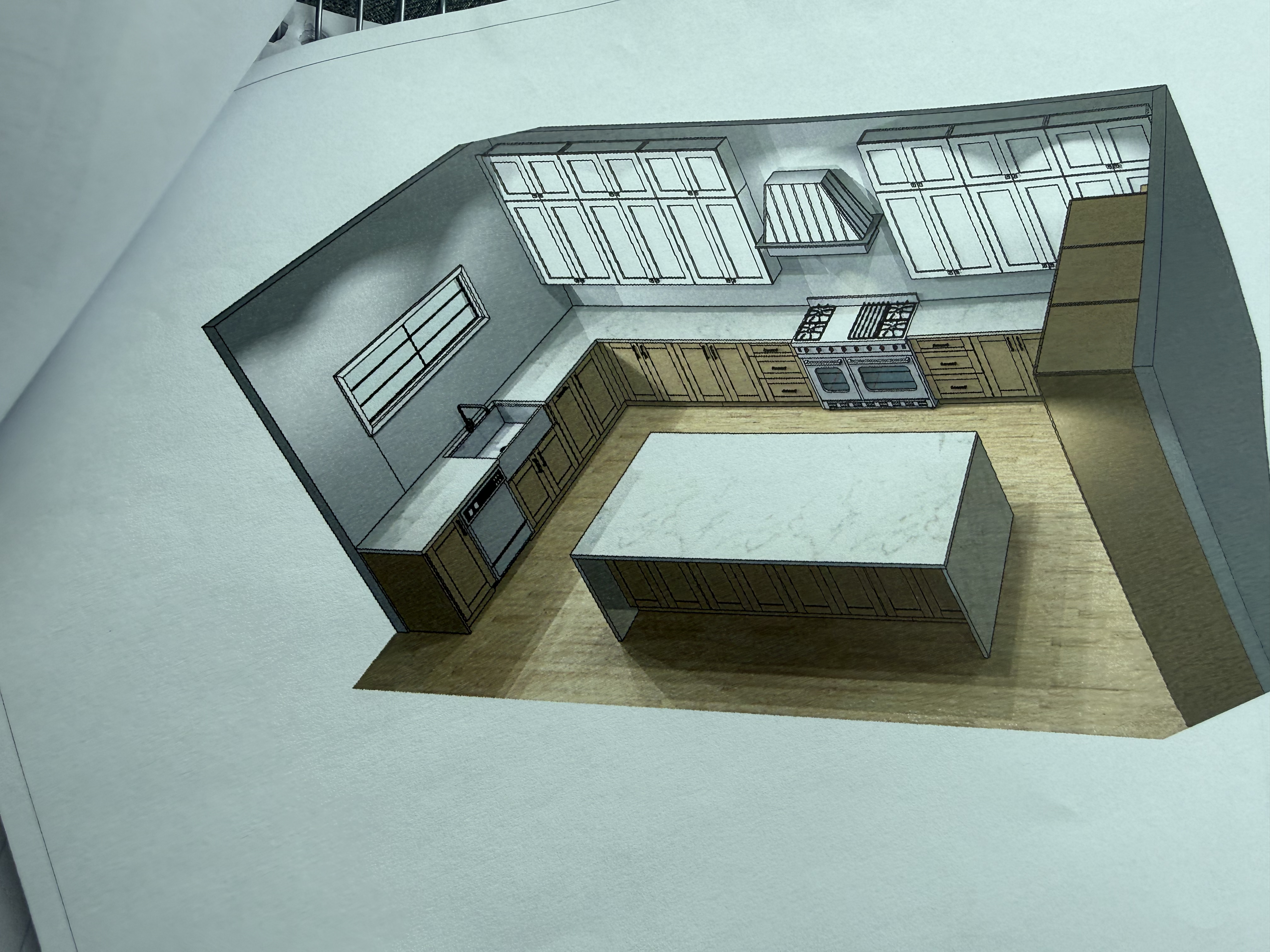 This image shows a digital architectural rendering of a spacious, modern kitchen layout. It features a L-shaped perimeter with wood-toned base cabinets, white upper cabinetry, white countertops, and a large central kitchen island. A dual-range oven with a vent hood serves as the focal point on the back wall, complemented by light-toned hardwood flooring throughout.