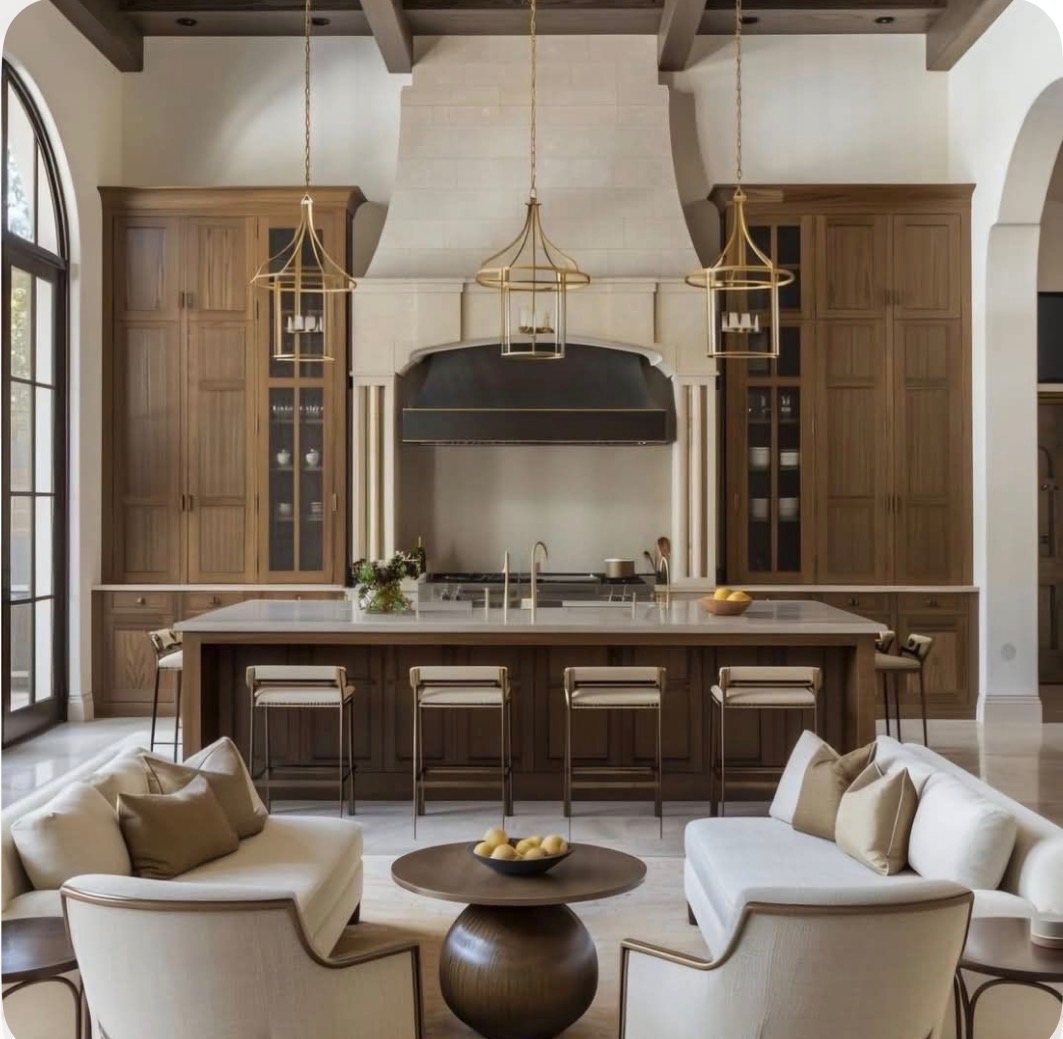This sophisticated, open-concept kitchen features warm walnut cabinetry, a commanding custom stone range hood, and a large central island topped with light-toned stone. Elegant brass pendant lights and professional-grade fixtures emphasize the luxurious transitional aesthetic. The layout flows seamlessly into a comfortable seating area, highlighting a spacious and inviting design perfect for modern living.