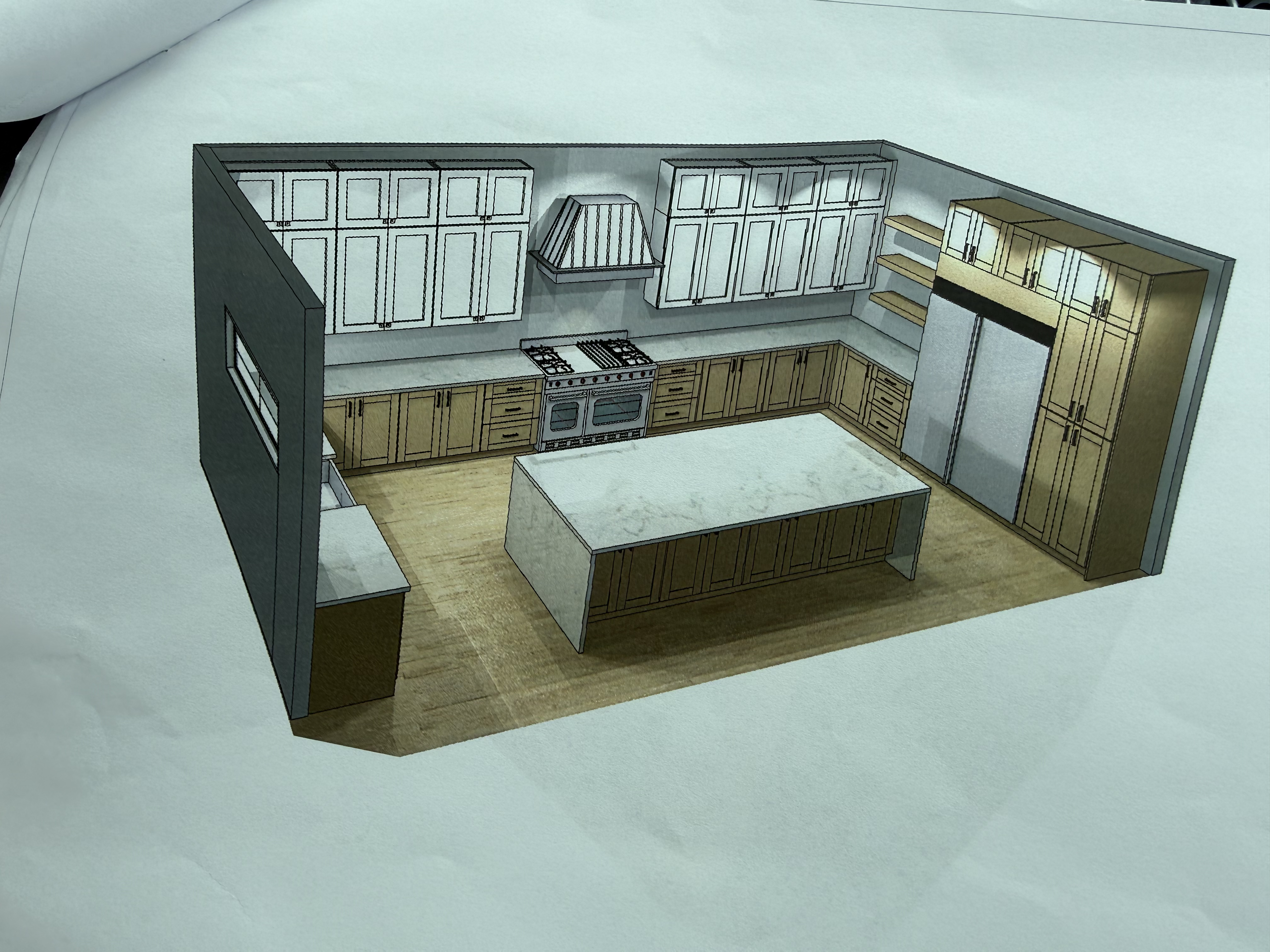 This is a digital 3D rendering of a modern kitchen layout featuring a two-toned color scheme with white upper cabinets and wood-toned lower cabinets and island. The design includes a large central island topped with a white countertop matching the perimeter surfaces, a professional-style range with a vent hood, and an integrated refrigerator unit. The layout is spacious and functional, showcasing a contemporary aesthetic suitable for an upscale home.