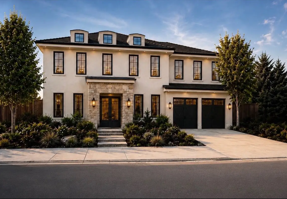 This is an elegant, two-story modern transitional estate featuring a light-colored stucco facade contrasted by dark-framed windows and matching garage doors. The stone-wrapped entryway adds a touch of sophisticated texture, while the manicured front landscaping and mature trees enhance the home's impressive curb appeal. The overall aesthetic is cohesive, high-end, and inviting.