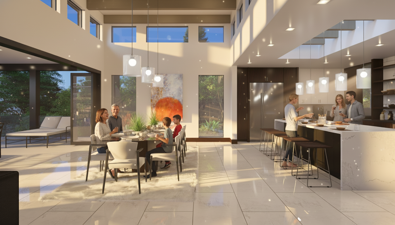 This image showcases a contemporary dining area within a bright and airy home. The dining space, seamlessly integrated with the kitchen, features a long table set for a meal, illuminated by modern pendant lights. The open floor plan emphasizes spaciousness and connection with the outdoors through large windows and sliding doors leading to a patio.