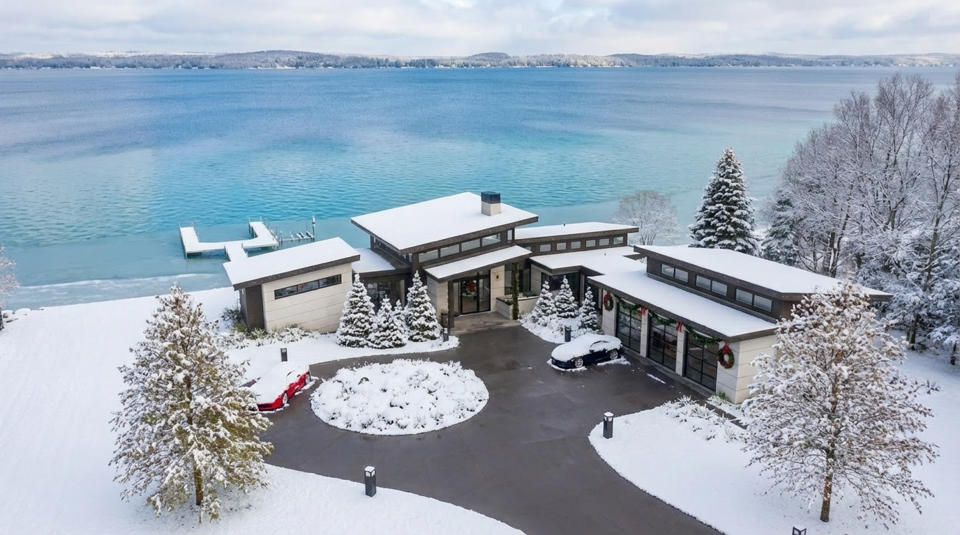 This is an aerial view of a stunning modern house situated lakeside in winter. The house features a striking architectural design with flat roofs, large windows and multiple wings. A circular driveway, snow-covered trees and landscaping, and a long private dock add to the property's appeal. A red car is parked near the house.