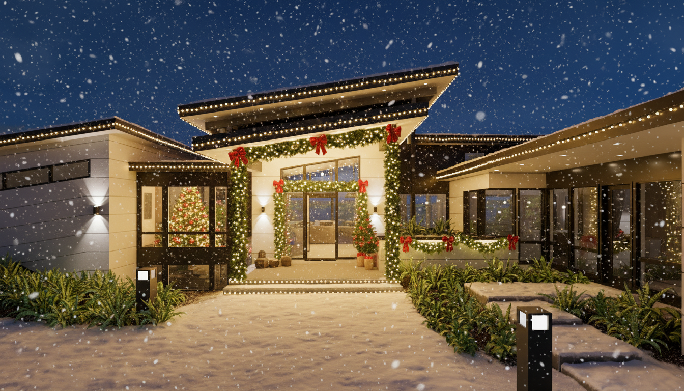 This is an inviting entryway of a modern home decorated for the Christmas holiday season. The house is adorned with lights and festive garlands. Snow is falling, creating a warm and welcoming ambiance perfect for showcasing a well-maintained property.