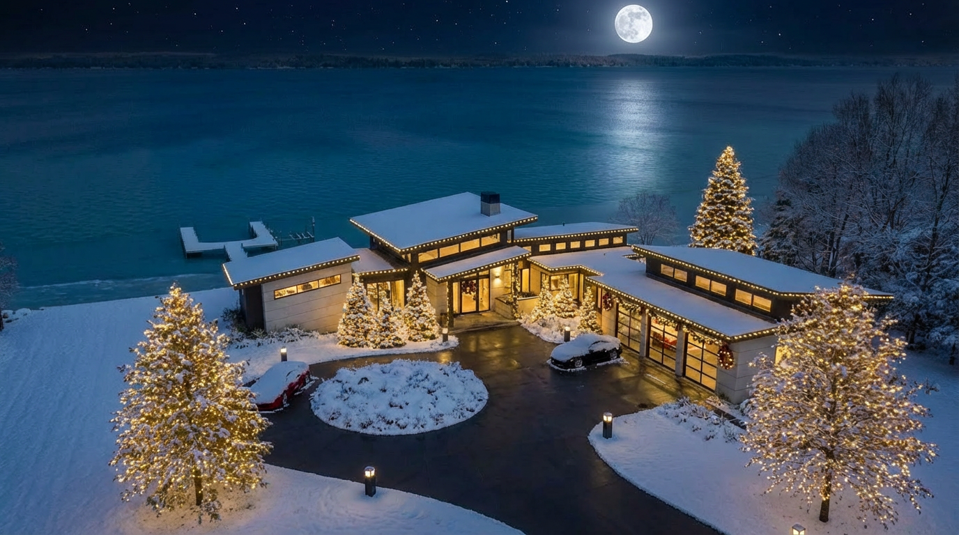 An aerial view showcases a modern house at night, accentuated by outdoor Christmas lighting. The property fronts a large body of water under a full moon, creating a beautiful and serene landscape. The residence is located on a snow-covered lot and features a circular driveway.