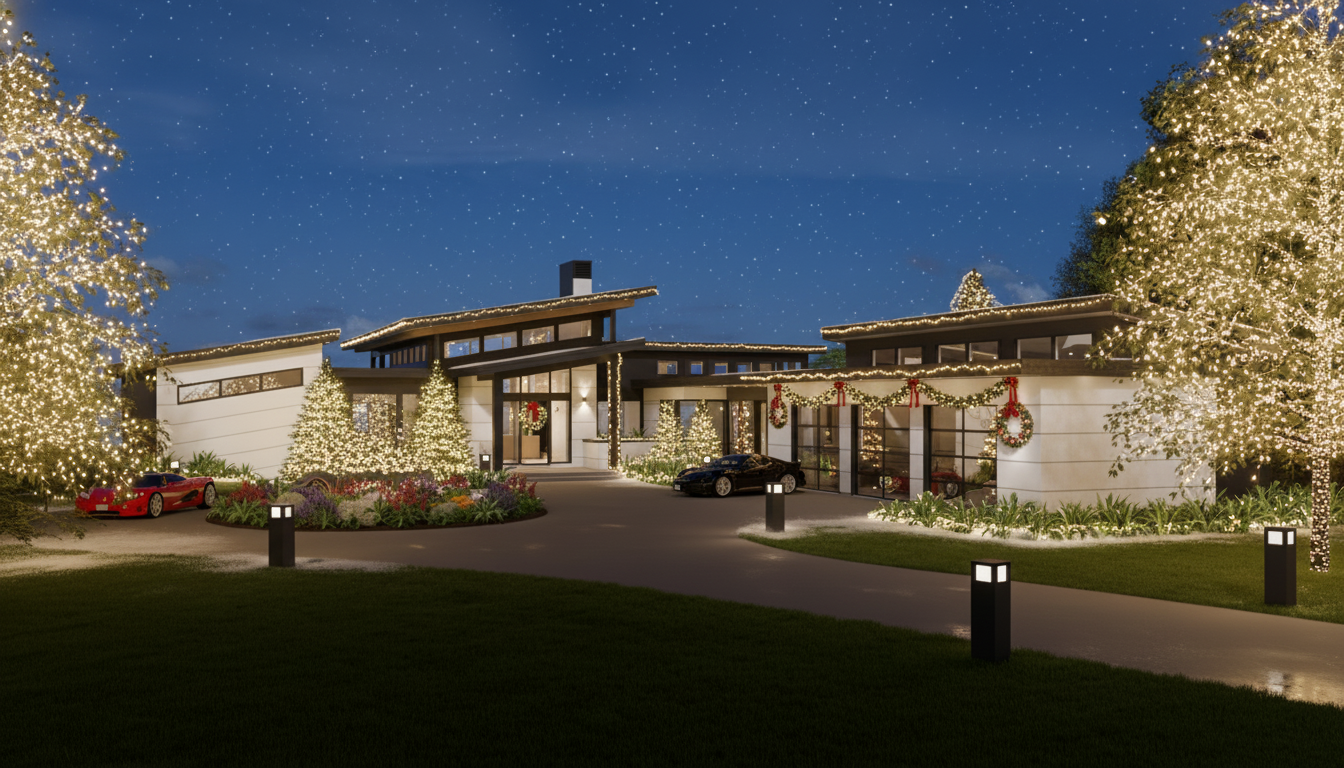 This is a captivating front exterior view of a modern home, adorned with festive Christmas decorations. The house features a contemporary architectural style with clean lines and expansive windows. Lush landscaping and ambient lighting enhance the property's curb appeal, creating a warm and inviting atmosphere.