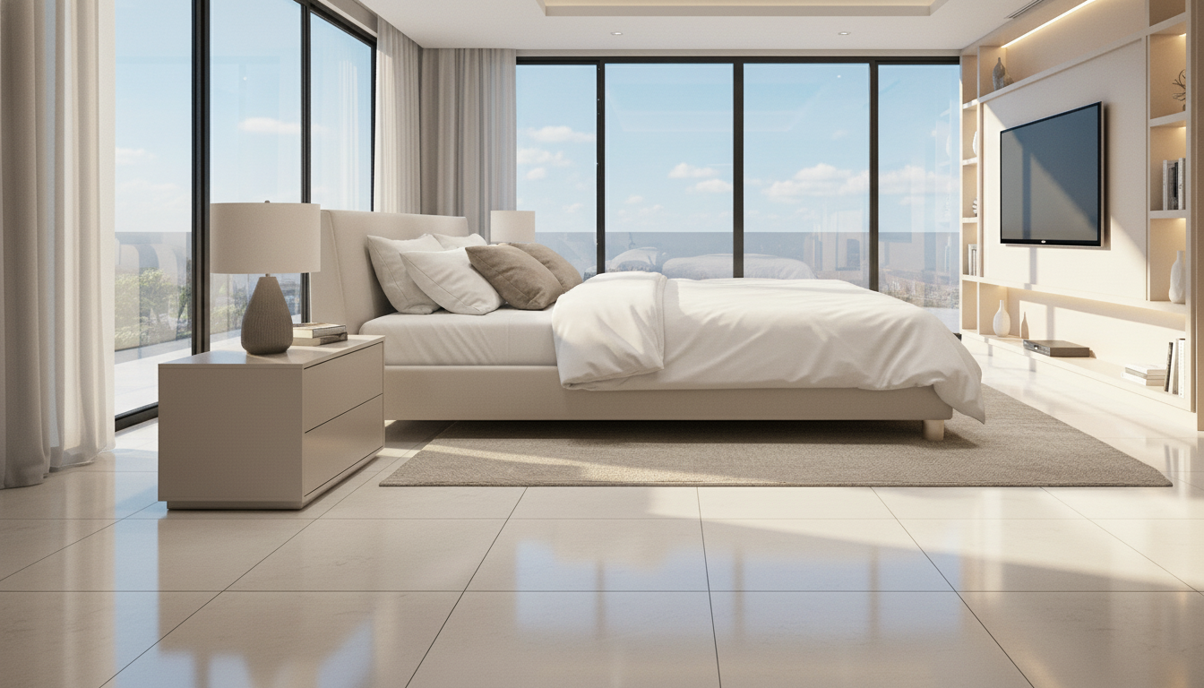 This is a primary bedroom with a serene and modern design. The room features a large bed with white linens, a light-colored nightstand, and floor-to-ceiling windows providing ample natural light and views. A neutral rug anchors the space, complementing the light-toned wood flooring and creating a calm, inviting atmosphere.