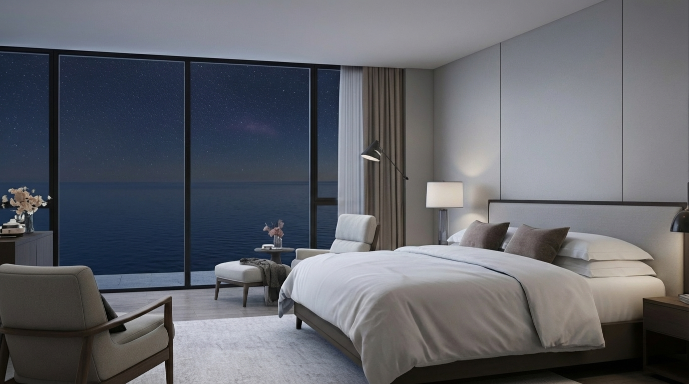 This is a stylish primary bedroom with a luxurious feel. The room features a large bed with neutral-toned bedding, a seating area, and expansive windows offering a view of the ocean at night. The decor is modern and minimalist, contributing to a serene and upscale atmosphere.