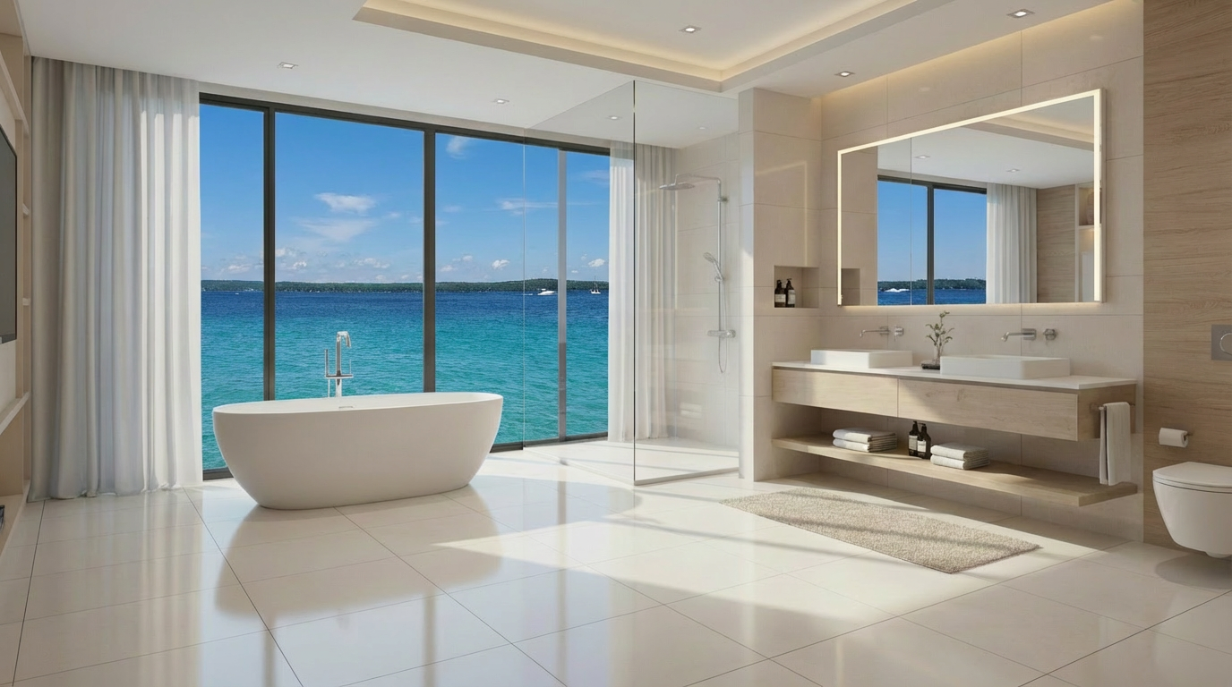 This is a luxury primary bathroom featuring a sleek, freestanding bathtub positioned in front of a large window with a stunning ocean view. The bathroom boasts a modern design with clean lines, light wood cabinetry, and a spacious walk-in shower. The bright, well-lit space creates a spa-like ambiance, emphasizing relaxation and high-end living.