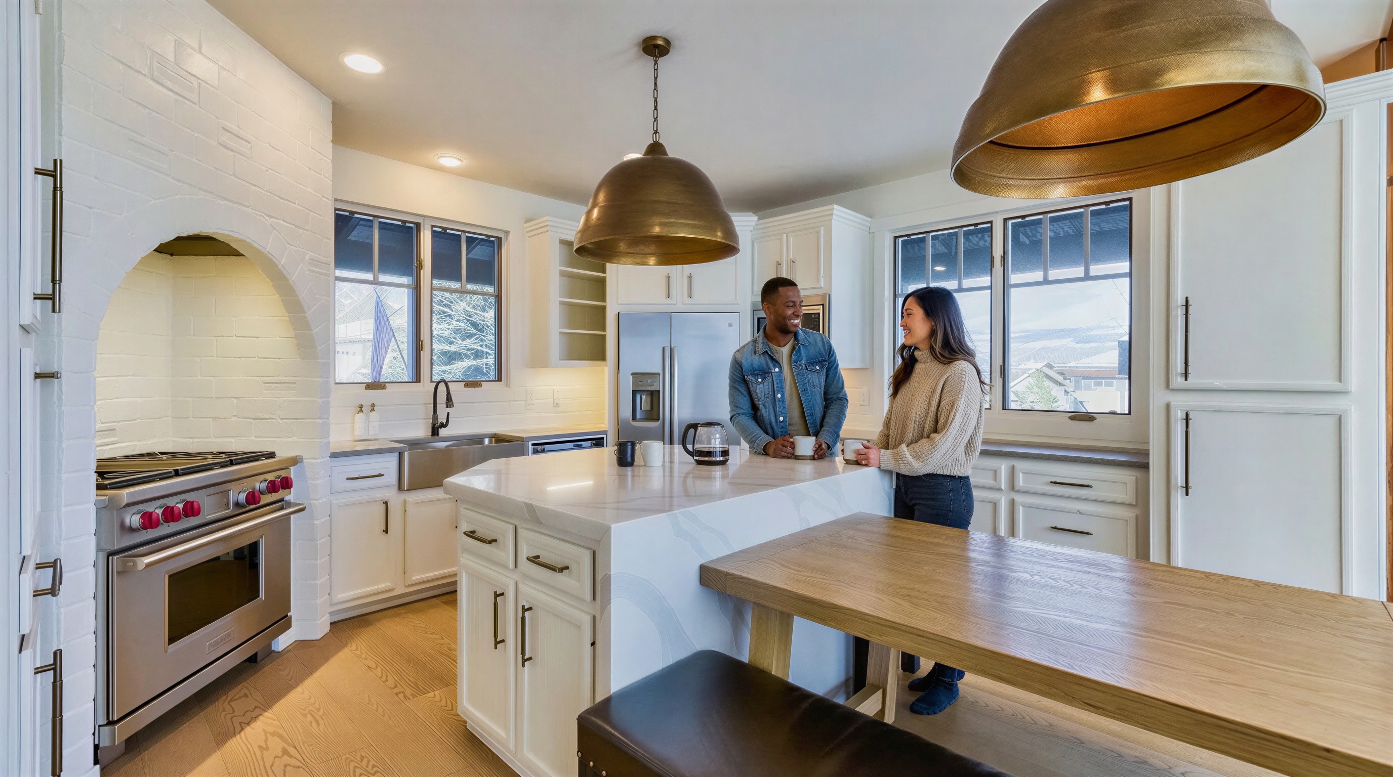 This is a bright and modern kitchen with white cabinetry, stainless steel appliances, and a large center island with a stone countertop. It features two pendant lights and a dining table. The kitchen provides a welcoming and functional space.