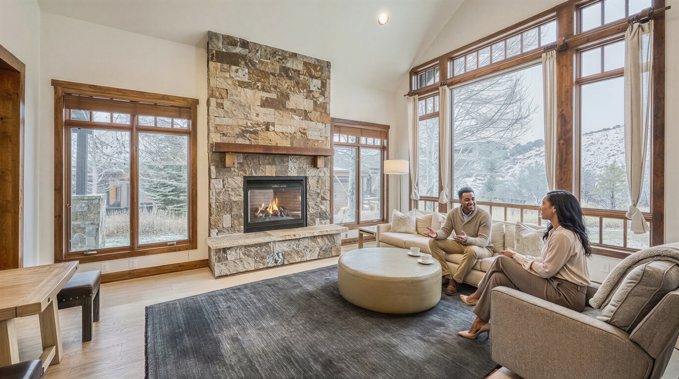This inviting living room features a stone fireplace as a focal point, large windows that offer natural light and scenic views, and comfortable seating arrangements. The room is furnished with a sofa, armchair, and a round ottoman, creating a cozy atmosphere. The overall style is warm and sophisticated, making it an ideal gathering space.