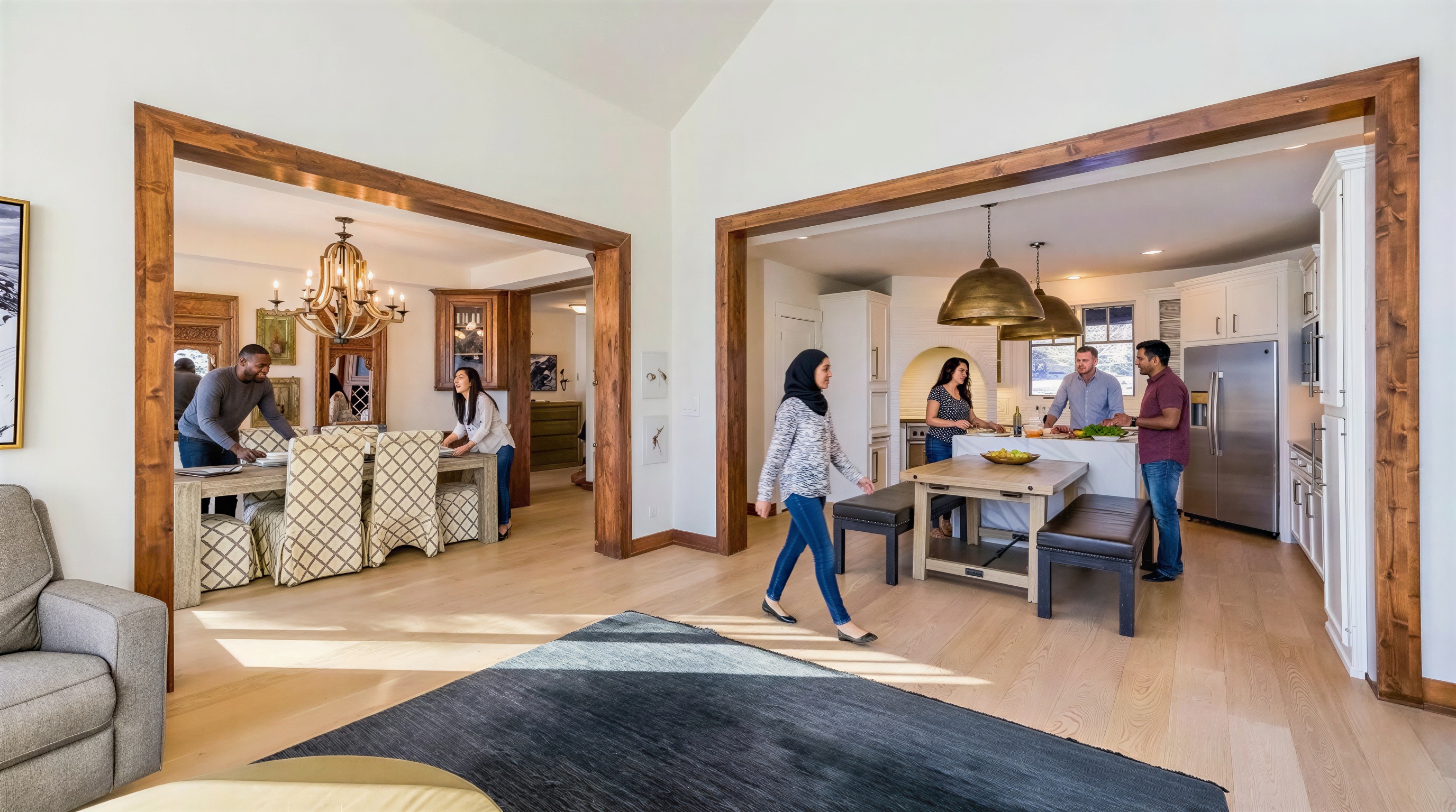 This interior shot offers a glimpse into connected living spaces. A dining area and kitchen are visible through framed openings, showcasing an open floor plan. The style is modern with rustic accents, such as wooden support beams.