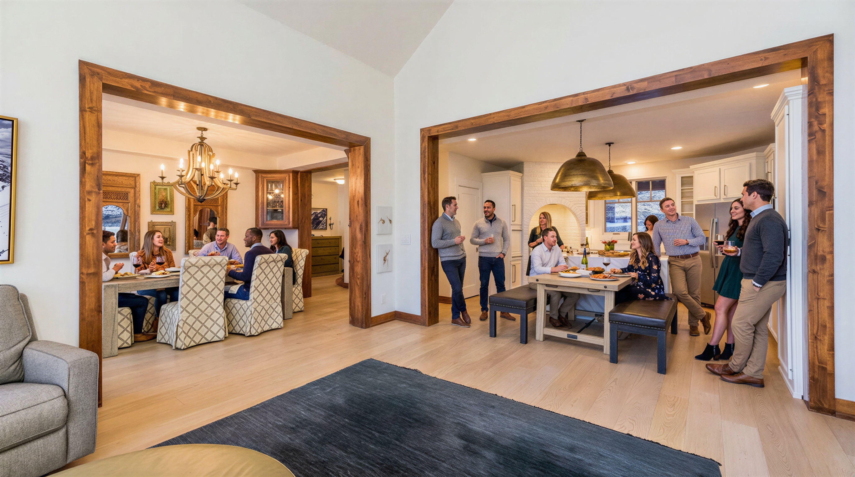 This is an inviting interior shot showcasing a combined living and dining space, ideal for entertaining. The open layout features warm wood accents, hardwood flooring, and separate dining areas with chandelier lighting creating a cozy yet spacious atmosphere. It offers a blend of casual and formal settings suited for both small gatherings and larger parties.