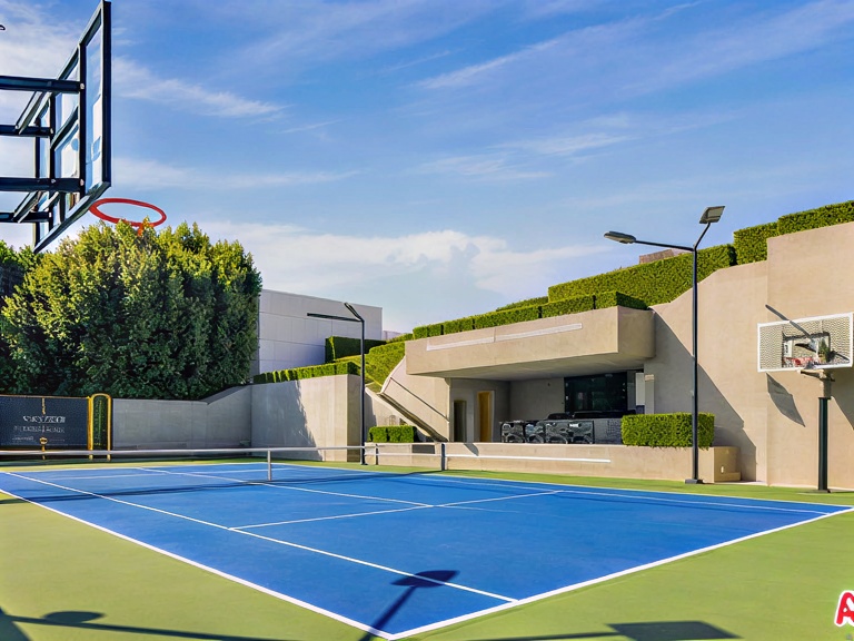This image showcases a well-maintained outdoor amenity, including a professionally surfaced tennis court with neat landscaping. Visible are the basketball hoops for recreational activities. A distinctive architectural structure serves as a viewing or lounge area, partially integrated with the landscape through terraced greenery.
