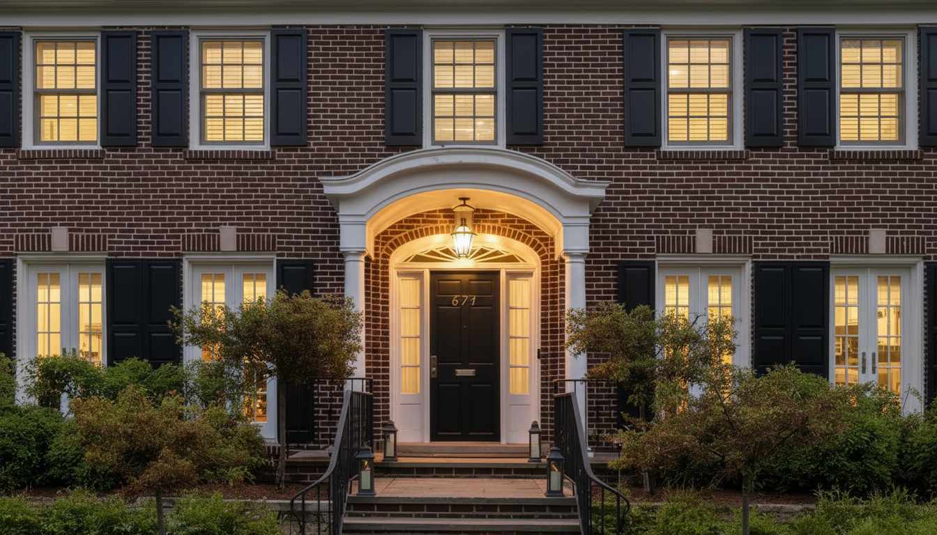 The image showcases an inviting home entryway with a classic and elegant design. The front door is framed by a white archway and flanked by sidelights, offering a glimpse inside. Brickwork and black shutters enhance the exterior, while well-manicured landscaping adds to the property's curb appeal.