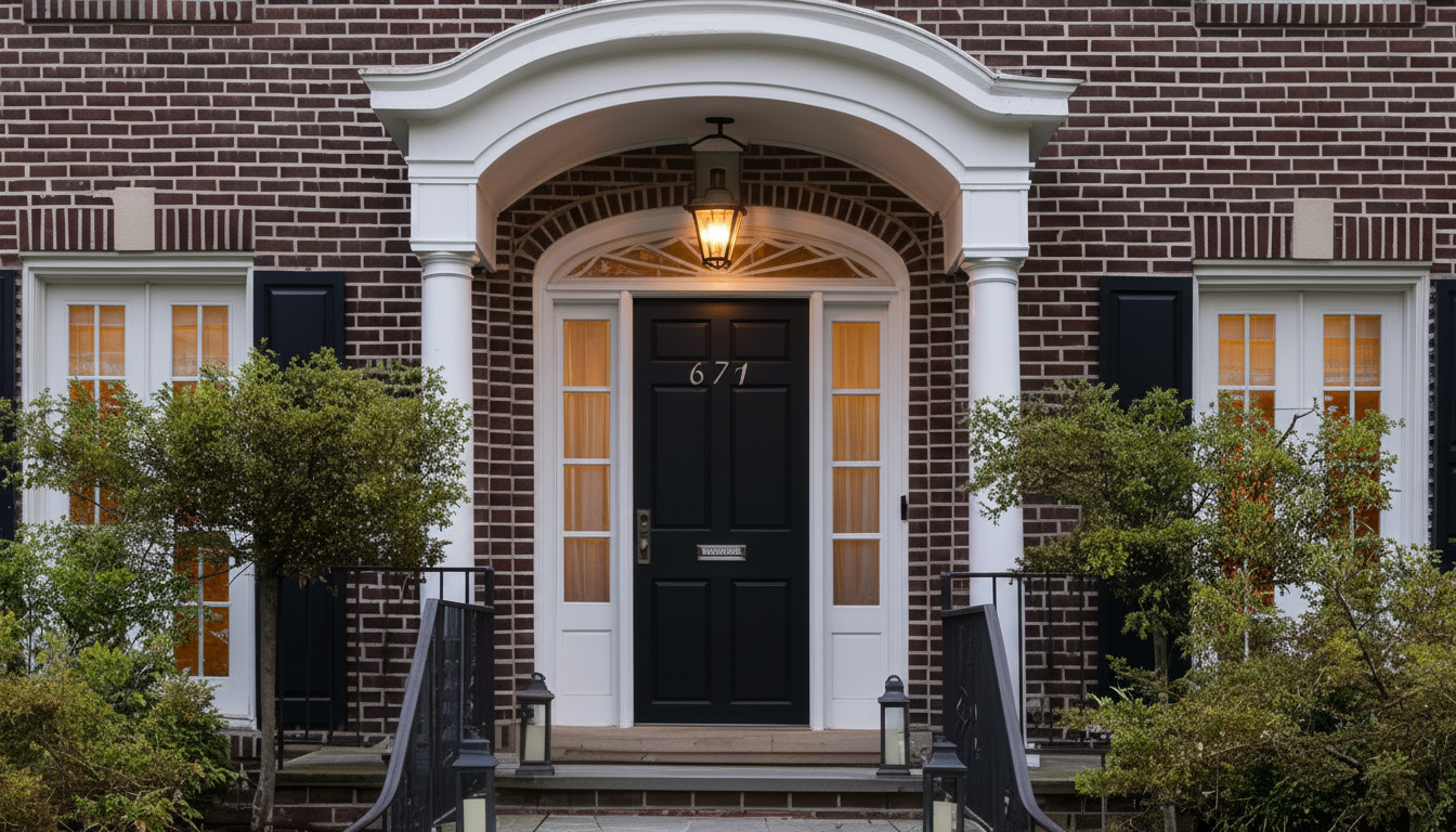 This is an inviting entryway featuring a traditional brick facade, a stately white arched doorway, and a centered black front door with the house number 671. The symmetrical design is enhanced by flanking windows with black shutters and well-manicured greenery. The overall impression is one of classic elegance and curb appeal.