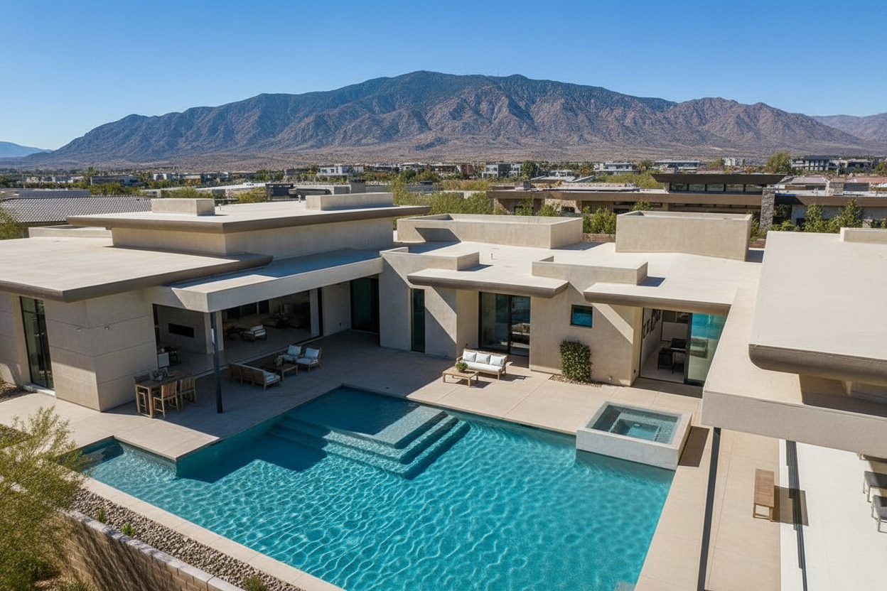 This is an aerial view showcasing a modern luxury home with a stunning backyard, including a pool and spa. The architectural style features clean lines and a flat roof. The backdrop features a mountain range, contributing to the property's appeal and creating a sense of exclusivity and high-end living.