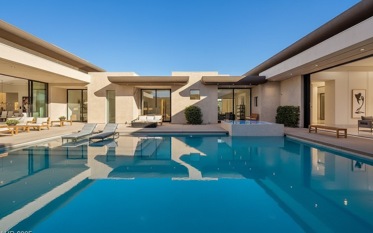 This image showcases a stunning backyard pool and spa area of a modern luxury home. The crystal-clear blue water of the pool reflects the architecture of the house, which features clean lines, large glass doors, and a neutral color palette. Outdoor seating and lounge areas are strategically placed around the pool, creating an inviting space for relaxation and entertainment.
