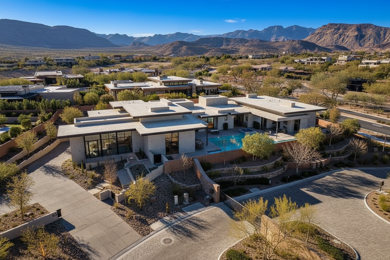 This aerial view showcases a modern luxury home with a flat roof, expansive windows, and a private pool. The property is situated on a manicured lot, featuring landscaping and a driveway leading to the entrance. The surrounding landscape includes mountains and other residences, adding to its appeal.