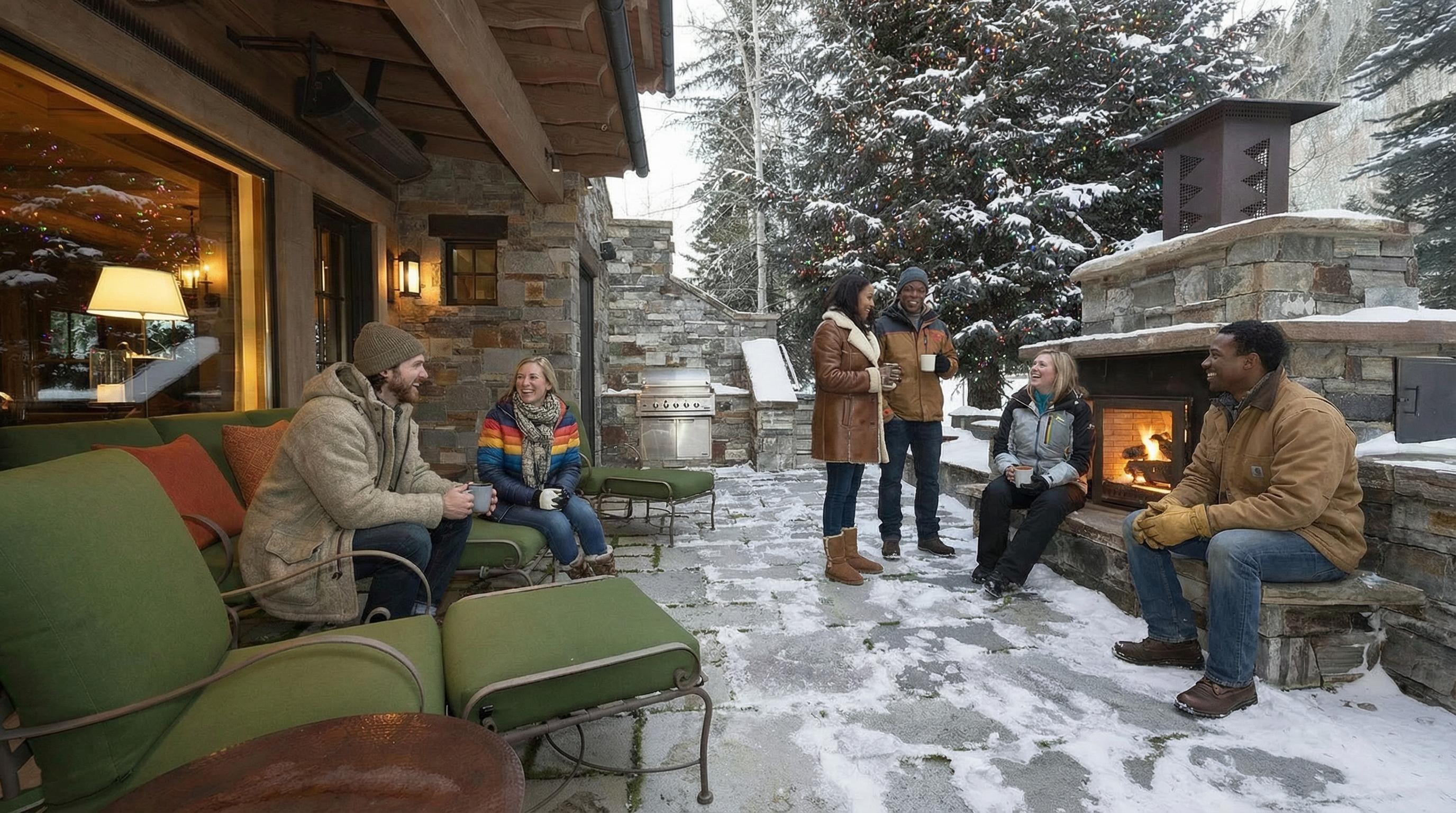 This image showcases a cozy outdoor patio area, perfect for entertaining or relaxing. A stone fireplace adds warmth and ambiance, while comfortable seating arrangements create an inviting atmosphere. The surrounding snowy landscape and decorative Christmas tree enhance the charm of this outdoor living space.