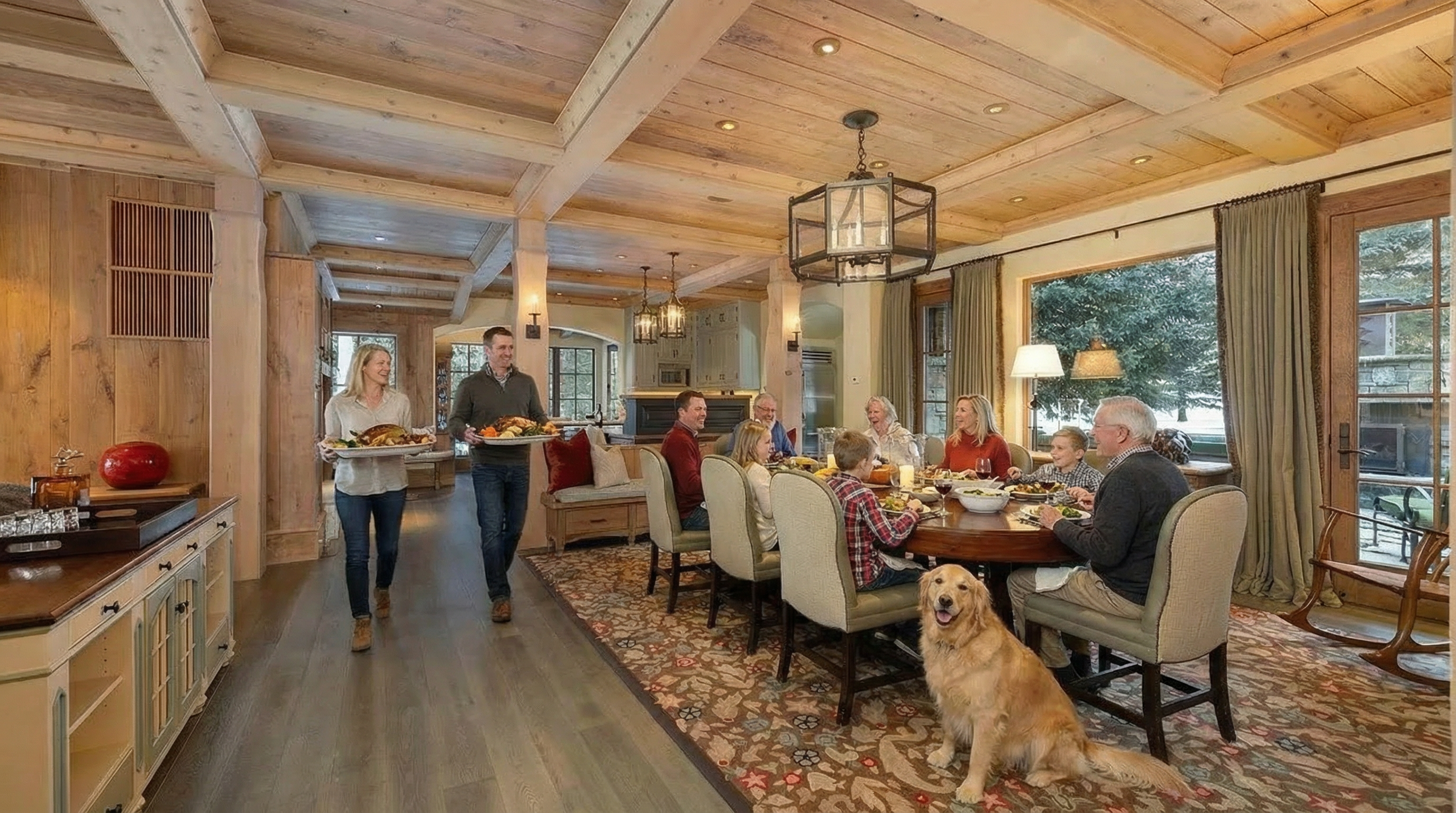 This is an inviting dining room, perfect for family gatherings. The room features a large wooden table surrounded by comfortable chairs, set upon an intricate area rug. Natural light floods the space through a large window, highlighting exposed wooden beams on the ceiling and wood paneling on the walls, enhancing the room's rustic charm.