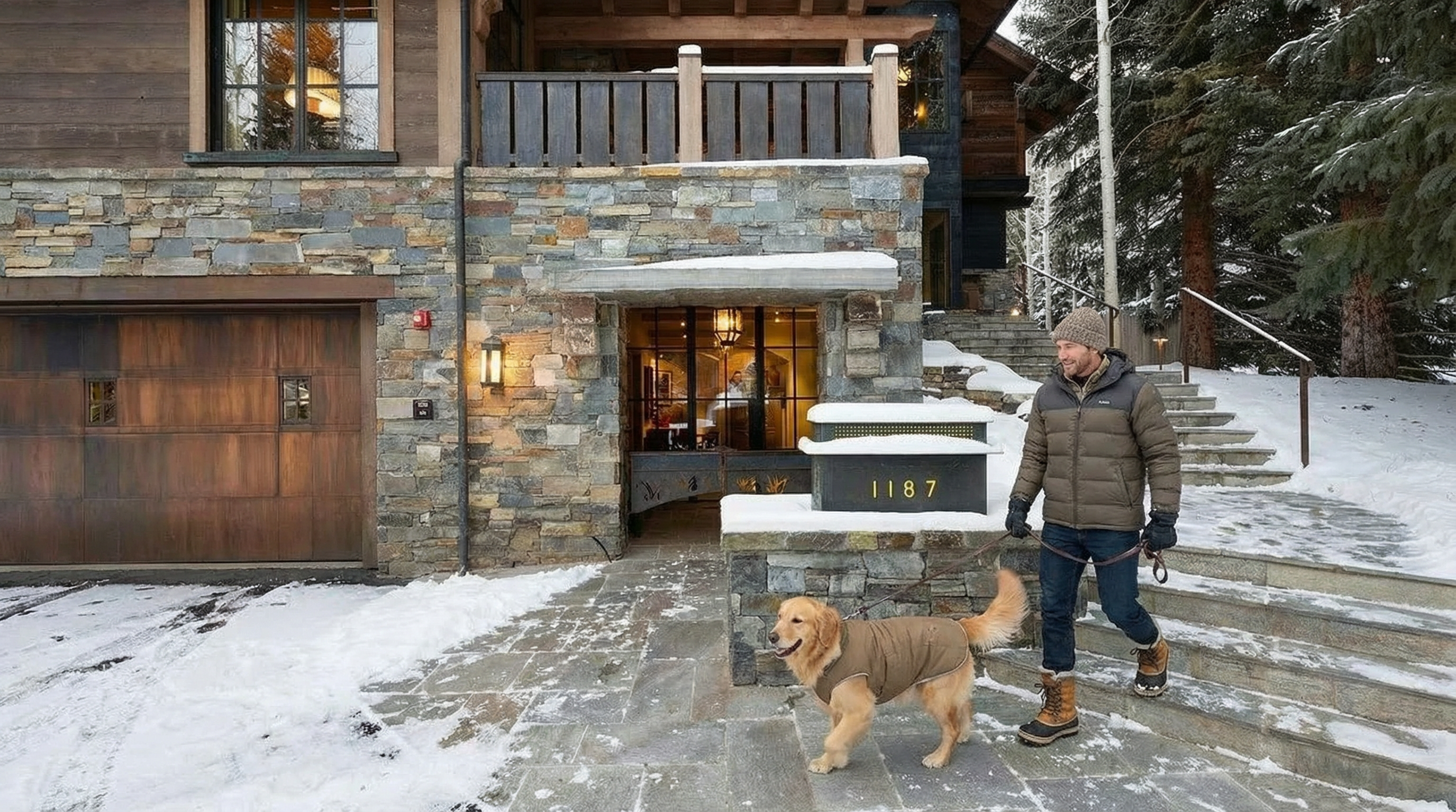 This is a front exterior view of a luxury home in a snowy setting. The house features a stone facade, a wooden garage door, and an entryway. A man is walking a dog in front of the house, contributing to a warm, inviting atmosphere.
