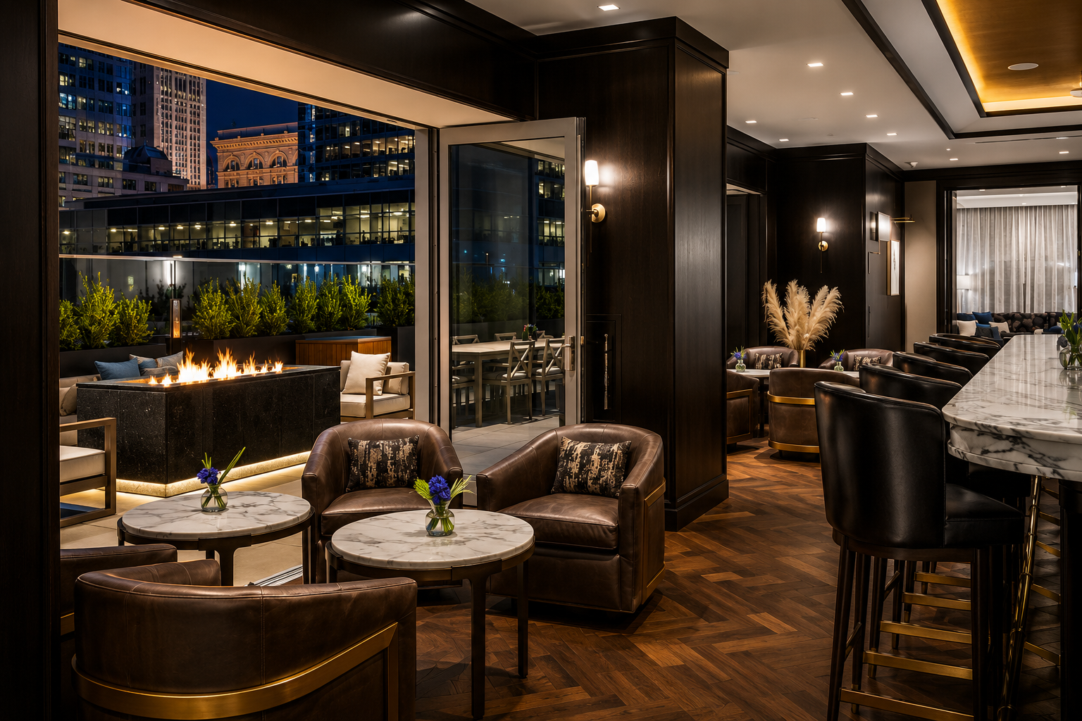 This sophisticated lounge features an indoor-outdoor transitional space with dark wood paneling, herringbone flooring, and high-end marble-topped tables. A cozy outdoor patio provides a contemporary fire feature overlooking a vibrant city skyline at night. The atmosphere reflects a luxurious and modern urban establishment, perfect for upscale community gatherings.