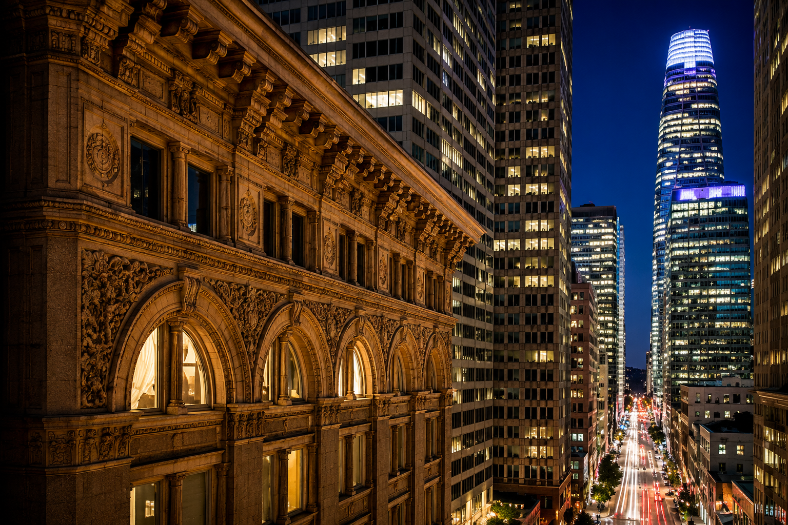 This stunning night view showcases a juxtaposition between a classic, ornate historic stone facade and contemporary San Francisco skyscrapers, including Salesforce Tower. The urban setting captures the vibrant city energy with light trails from moving traffic below and warmly illuminated office windows. The architectural contrast highlights a premium urban location with significant historical and modern appeal.