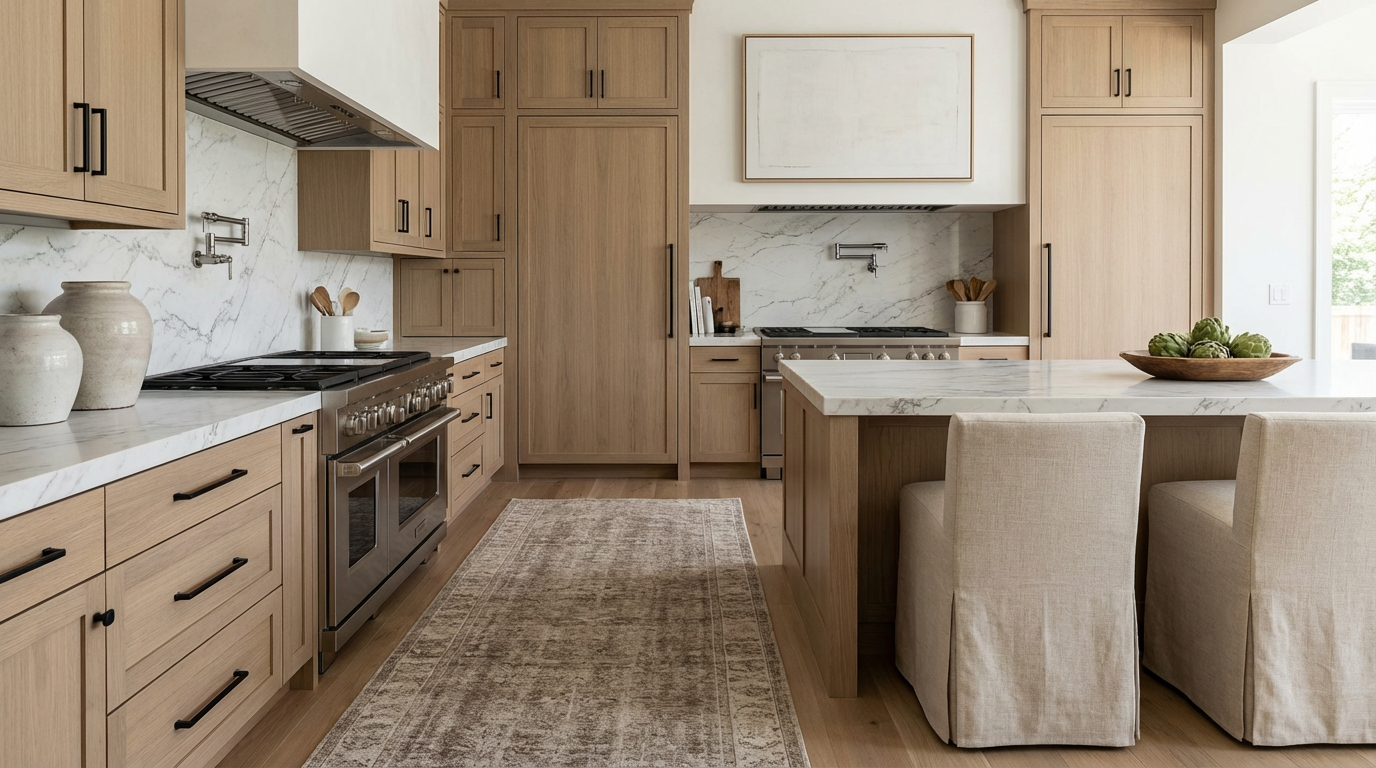 This is an interior shot of a modern, high-end kitchen featuring light wood cabinetry with black hardware. The countertops and backsplash are marble, and stainless steel appliances are present. A large island with seating offers ample space for food preparation and dining.
