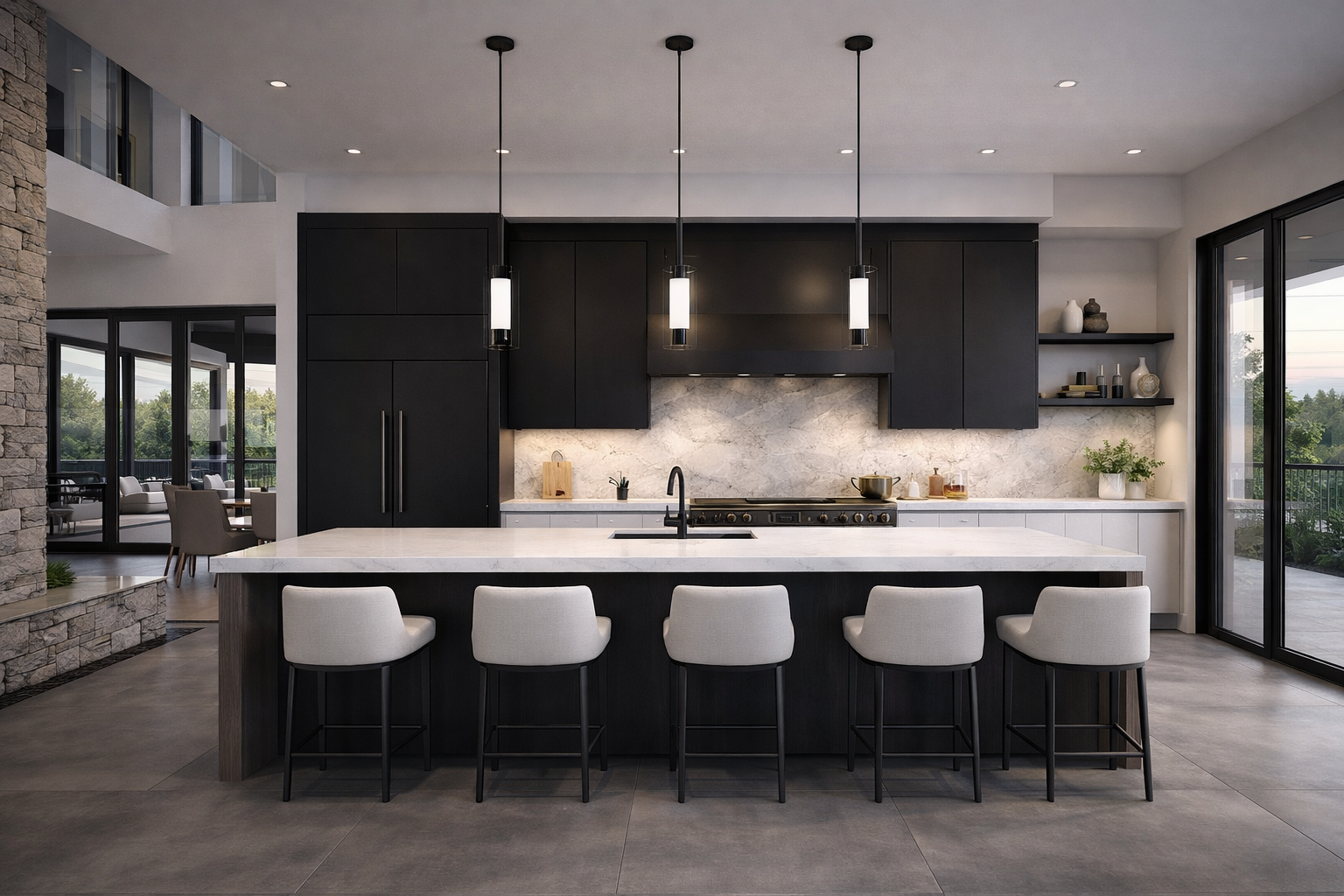 This image showcases a modern, high-end kitchen. It features dark cabinetry contrasted by a white countertop island with seating, and marble backsplash. Pendant lights hang above the island, complementing the built-in appliances and sleek, minimalist design.