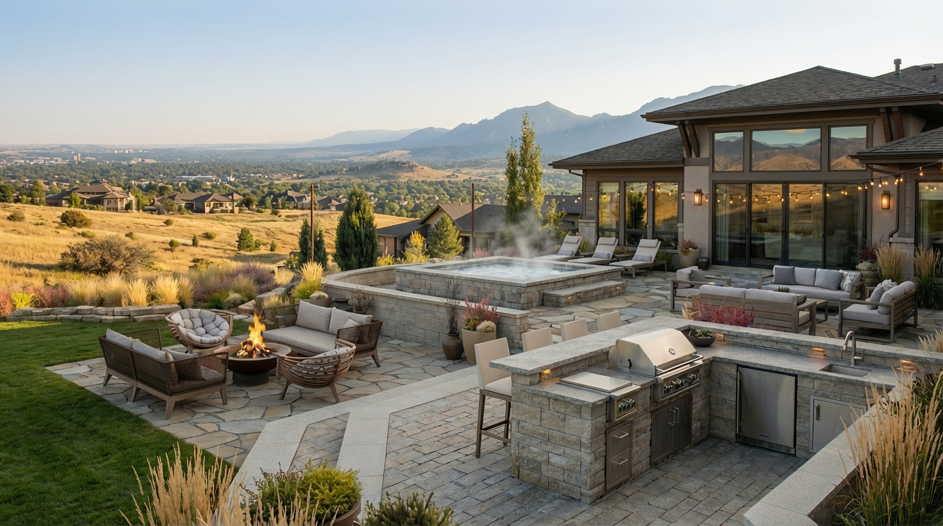 This stunning outdoor patio area is perfect for entertaining and relaxation. It features a built-in spa, a fire pit surrounded by comfortable seating, and an outdoor kitchen with a grill and bar seating. The space offers beautiful views of the surrounding landscape, making it a luxurious outdoor living space.