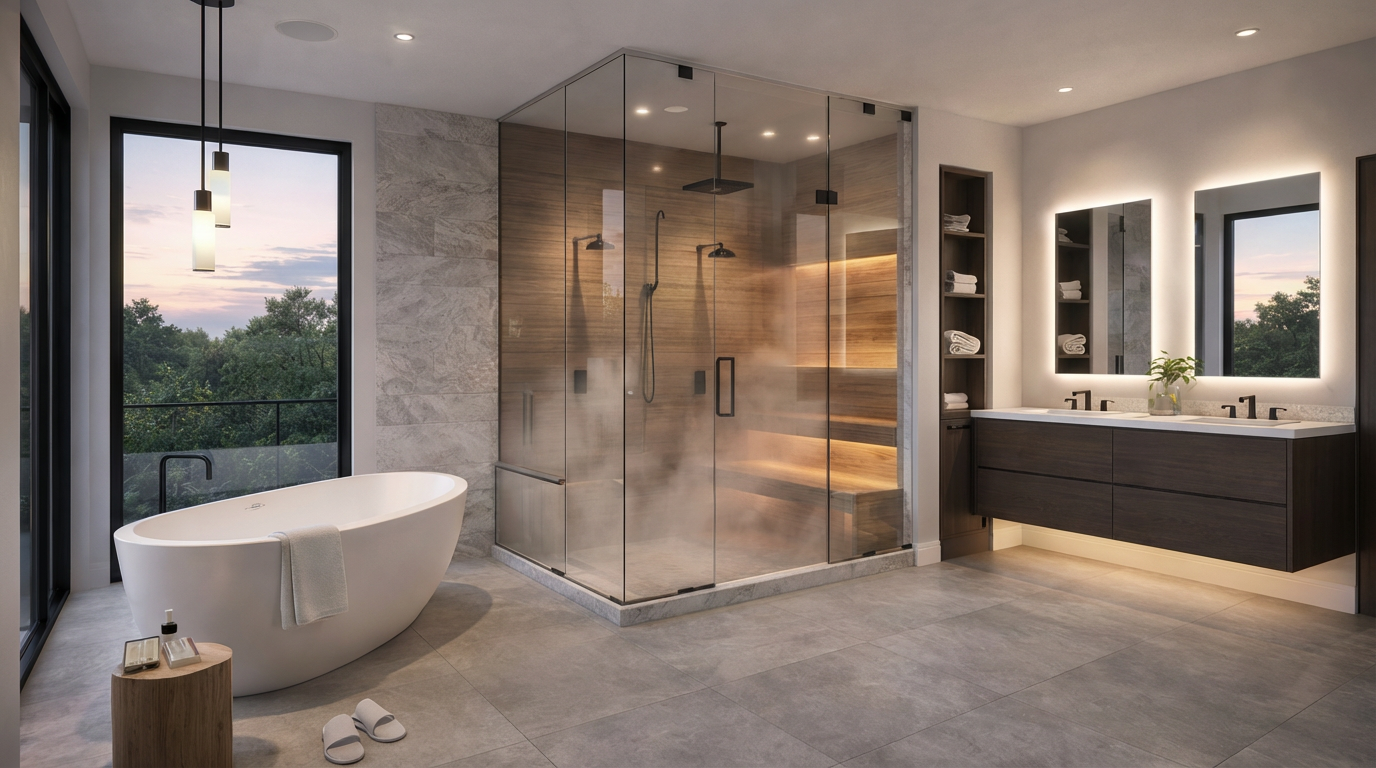 This is a luxurious primary bathroom featuring a freestanding bathtub, a glass-enclosed steam shower, and a double vanity with illuminated mirrors. The bathroom has a modern design with a neutral color palette, wood accents, and stylish fixtures. The open layout and thoughtful lighting create a spa-like atmosphere.