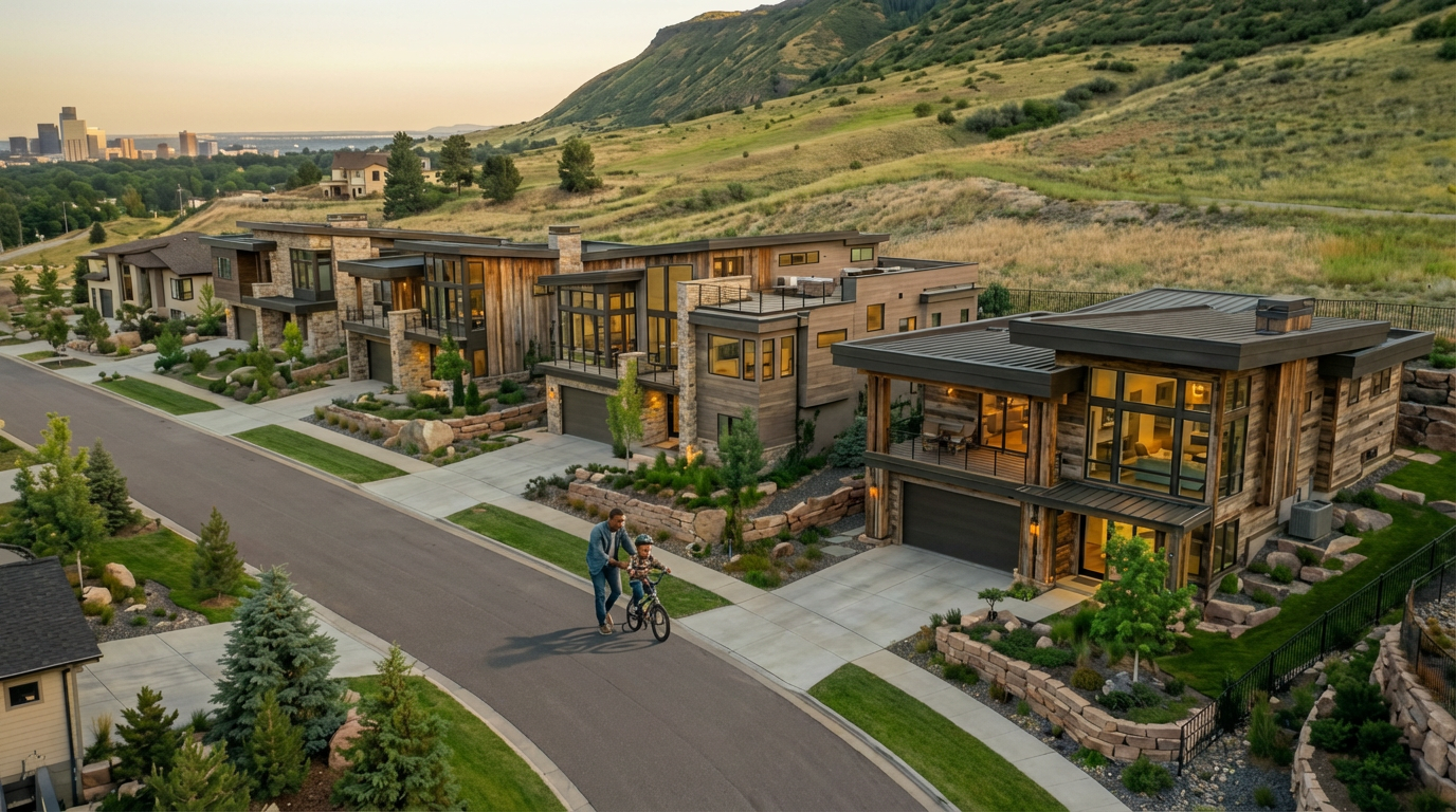 This is an aerial view of a modern residential street featuring upscale homes nestled against a hillside. The homes showcase contemporary architectural designs with a mix of stone and wood exteriors, large windows, and well-manicured landscaping. The street is clean and the overall setting is serene and luxurious.