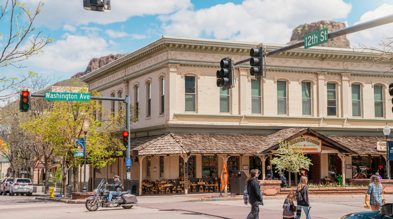 The image showcases the front exterior of a two-story building situated at a street intersection. The building features detailed architectural elements, including ornate trim and a shingled awning over the ground-level commercial space, which appears to be a shop named 'Golden Goods'. The street scene includes pedestrian traffic, vehicles, and street signs, creating a lively atmosphere.