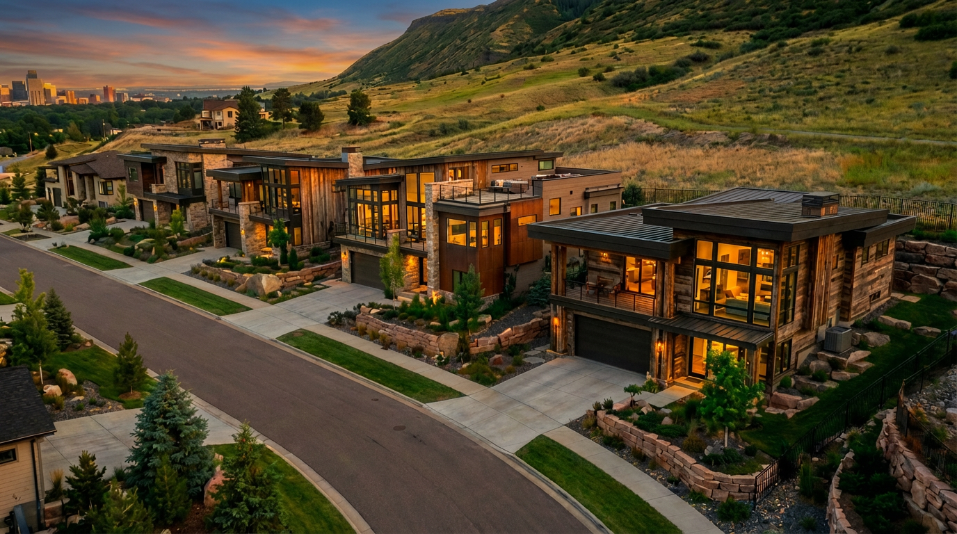 This aerial shot showcases a row of modern, luxurious homes nestled against a hillside. The homes feature a mix of wood and stone facades, large windows, and well-manicured landscaping. The image captures a sense of upscale living in a scenic, natural setting.