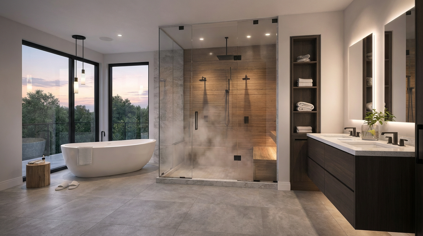 This is a luxurious primary bathroom featuring a modern design with a spacious walk-in shower encased in glass, complete with a wooden bench and rainfall showerhead. A freestanding bathtub sits near large windows offering scenic views, and a floating vanity with a double sink and illuminated mirrors adds to the contemporary feel. The overall impression is one of spa-like comfort and elegance.