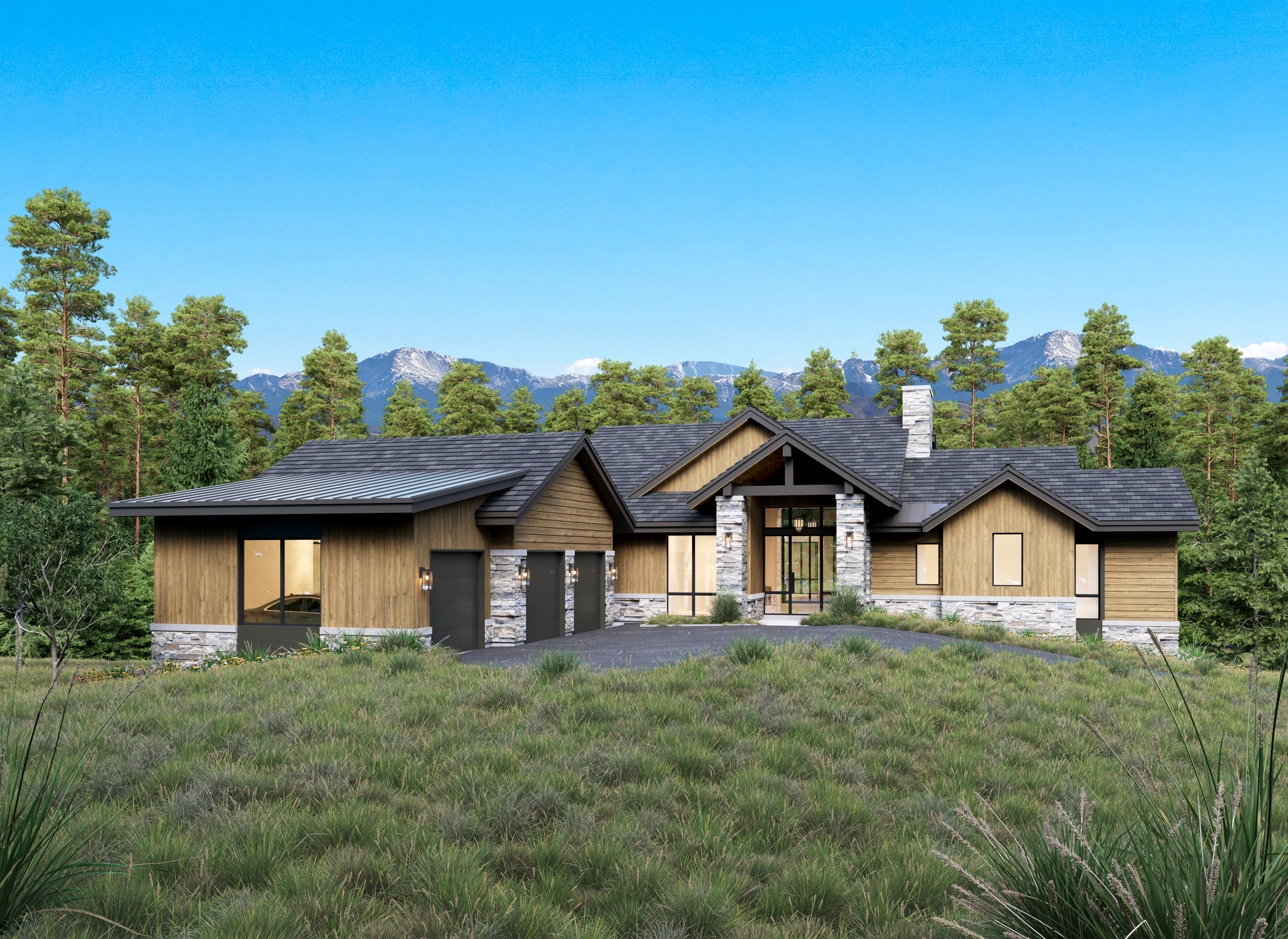 This image showcases the front facade of a modern mountain-style home. The exterior features a combination of wood siding and stone accents, with a prominent entryway and attached garage. Landscaping includes natural grasses and mature trees, set against a backdrop of distant mountains, creating a serene and upscale ambiance.